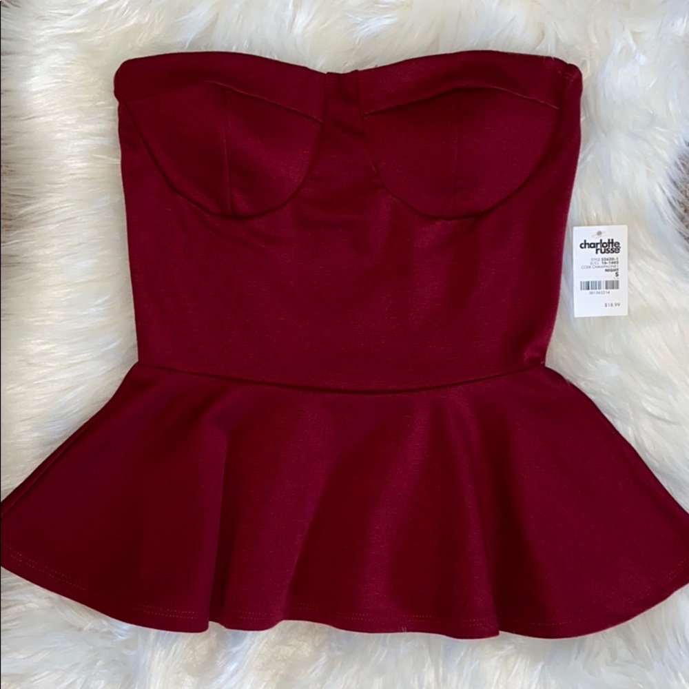 Maroon Strapless Peplum Shirt
